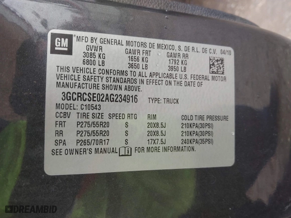 2010 Chevrolet Silverado 1500 LT with VIN 3GCRCSE02AG234916, listed as a IAAI auction lot 41376798 with 215,891 mi miles. Bid and sale history available at carsss.com. Image 9.