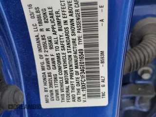2016 Honda Civic EX-T z VIN 19XFC1F34GE016549, wystawiony jako Copart lot #53488995 z przebiegiem 26 021 mil mil oraz Szkoda całkowita • Salvage title. Historia ofert i sprzedaży dostępna na DreamBid. Obrazek 12.
