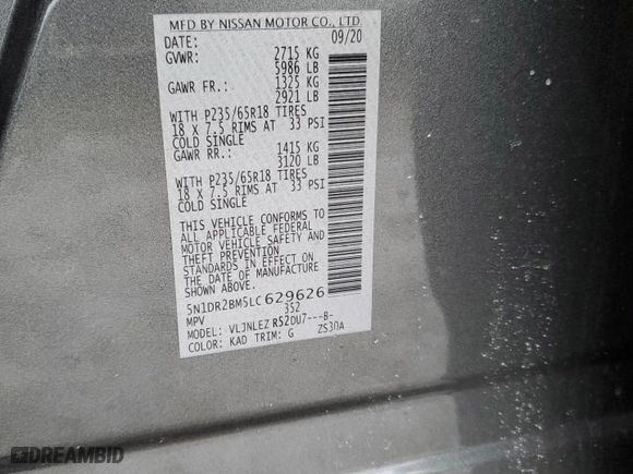 2020 Nissan Pathfinder SV with VIN 5N1DR2BM5LC629626, listed as a Copart auction lot 44583805 with 46,073 mi miles and Salvage Title. Bid and sale history available at carsss.com. Image 13.