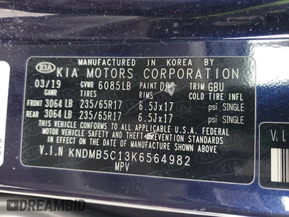 2019 Kia Sedona EX with VIN KNDMB5C13K6564982, listed as a Copart auction lot 51169315 with 66,343 mi miles and Salvage Title. Bid and sale history available at carsss.com. Image 13.