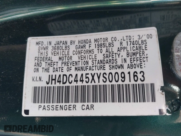 2000 Acura Integra LS with VIN JH4DC445XYS009163, listed as a IAAI auction lot 41414002 with 190,051 mi miles and . Bid and sale history available at DreamBid. Image 9.