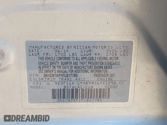 2015 Nissan Versa SV with VIN 3N1CN7AP1FL817785, listed as a IAAI auction lot 41976218 with 153,077 mi miles and . Bid and sale history available at DreamBid. Image 9.