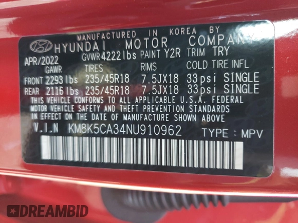 2022 Hyundai Kona Limited with VIN KM8K5CA34NU910962, listed as a Copart auction lot 40102183 with 9,438 mi miles. Bid and sale history available at carsss.com. Image 14.