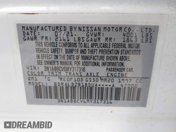 2021 Nissan Sentra SV z VIN 3N1AB8CV6MY317316, wystawiony jako IAAI lot #42021421 z przebiegiem 39 902 mil mil oraz . Historia ofert i sprzedaży dostępna na DreamBid. Obrazek 9.