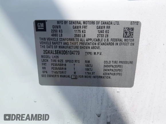 2013 GMC Terrain SLE with VIN 2GKALSEK0D6104779, listed as a IAAI auction lot 42455147 with 141,630 mi miles and . Bid and sale history available at DreamBid. Image 9.