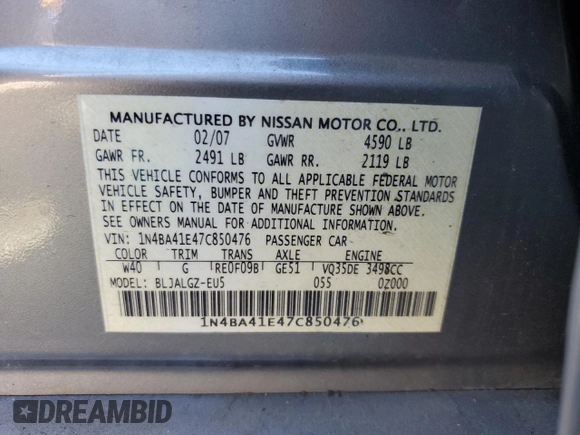 2007 Nissan Maxima 3.5 SL with VIN 1N4BA41E47C850476, listed as a Copart auction lot 75008844 with 201,515 mi miles and Salvage Title. Bid and sale history available at carsss.com. Image 14.