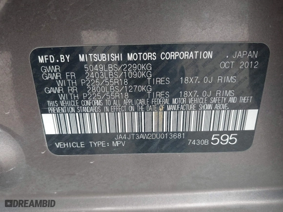 2013 Mitsubishi Outlander SE with VIN JA4JT3AW2DU013681, listed as a IAAI auction lot 41722425 with 95,145 mi miles. Bid and sale history available at carsss.com. Image 9.