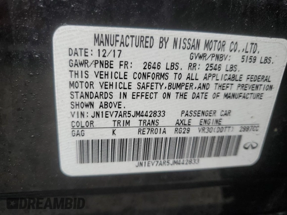 2018 Infiniti Q50 Luxe with VIN JN1EV7AR5JM442833, listed as a Copart auction lot 56628175 with 92,127 mi miles and Salvage title. Bid and sale history available at DreamBid. Image 12.