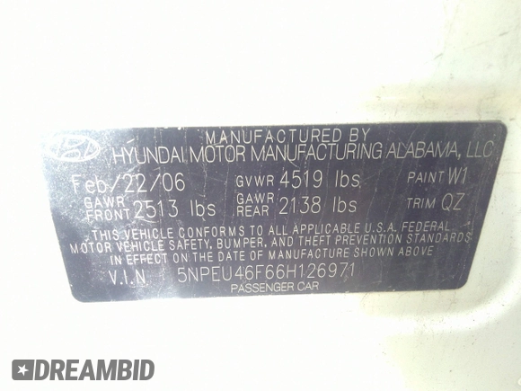 2006 Hyundai Sonata GLS with VIN 5NPEU46F66H126971, listed as a IAAI auction lot 40504478 with 134,300 mi miles and . Bid and sale history available at DreamBid. Image 9.