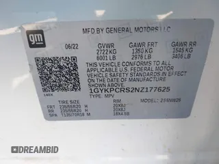 2022 Cadillac XT6 Premium Luxury with VIN 1GYKPCRS2NZ177625, listed as a IAAI auction lot 41646155 with 94,694 mi miles and . Bid and sale history available at DreamBid. Image 9.