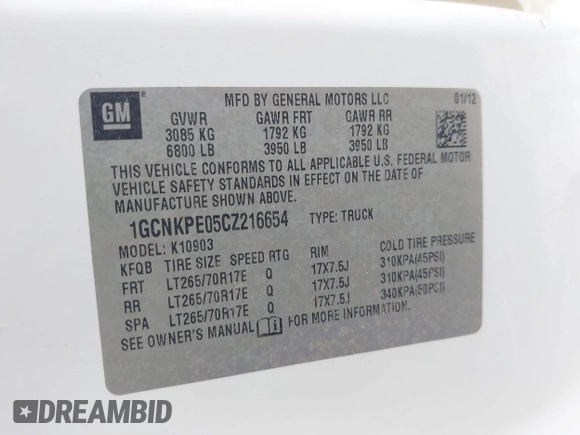 2012 Chevrolet Silverado 1500 Work Truck with VIN 1GCNKPE05CZ216654, listed as a IAAI auction lot 41838435 with 105,439 mi miles and . Bid and sale history available at DreamBid. Image 9.