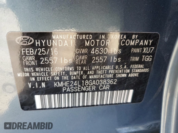 2016 Hyundai Sonata SE with VIN KMHE24L18GA038362, listed as a Copart auction lot 78178493 with 83,222 mi miles and . Bid and sale history available at DreamBid. Image 15.