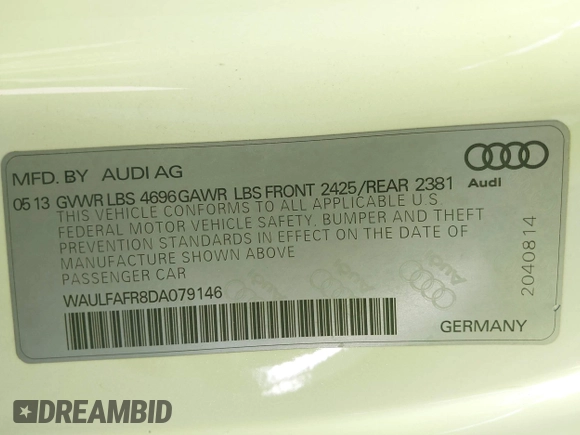 2013 Audi A5 Premium Plus с VIN WAULFAFR8DA079146, выставлен на аукционе IAAI как лот 42326593 с пробегом 136 507 миль миль и . История ставок и продаж доступна на DreamBid. Изображение 9.
