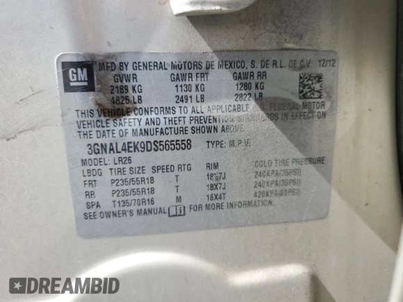 2013 Chevrolet Captiva Sport LTZ z VIN 3GNAL4EK9DS565558, wystawiony jako Copart lot #50793615 z przebiegiem 147 946 mil mil oraz Szkoda całkowita • Salvage title. Historia ofert i sprzedaży dostępna na DreamBid. Obrazek 13.
