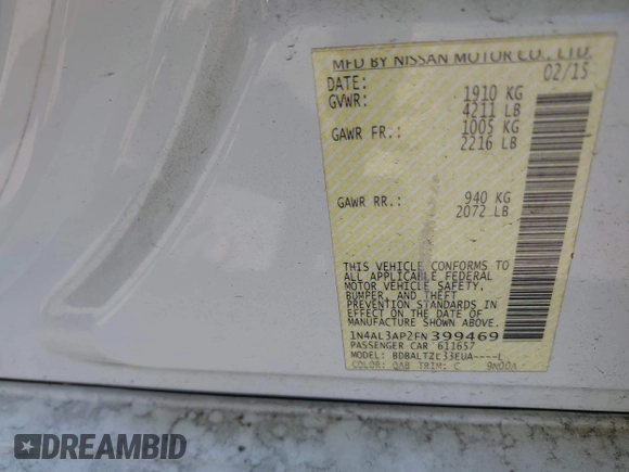 2015 Nissan Altima S with VIN 1N4AL3AP2FN399469, listed as a IAAI auction lot 42021456 with 33,885 mi miles and . Bid and sale history available at DreamBid. Image 9.