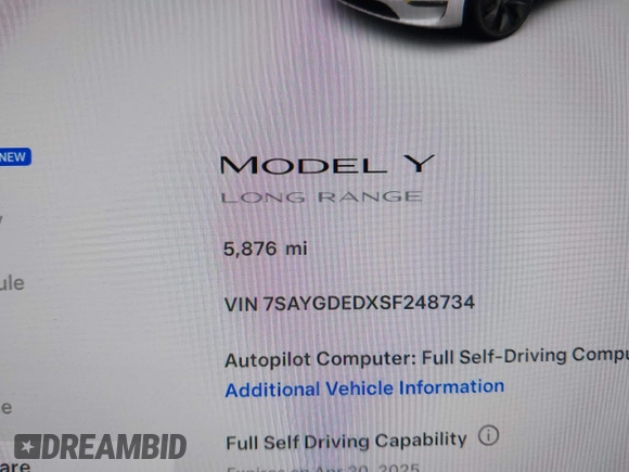 2025 Tesla Model Y Long Range with VIN 7SAYGDEDXSF248734, listed as a IAAI auction lot 41719195 with 5,876 mi miles and . Bid and sale history available at DreamBid. Image 7.