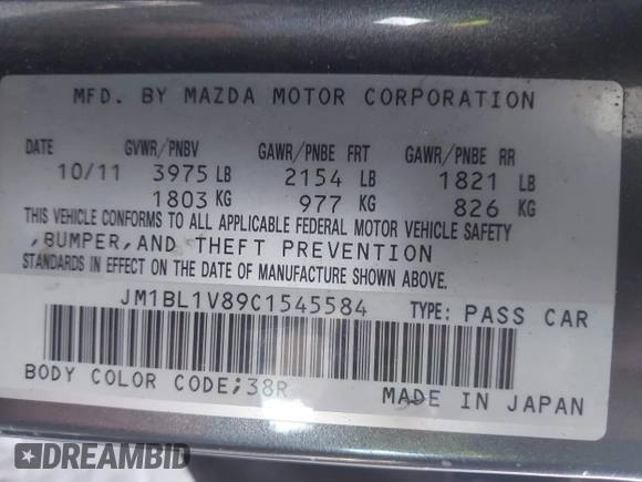 2012 Mazda Mazda3 i Touring with VIN JM1BL1V89C1545584, listed as a IAAI auction lot 41953481 with 190,831 mi miles. Bid and sale history available at carsss.com. Image 9.