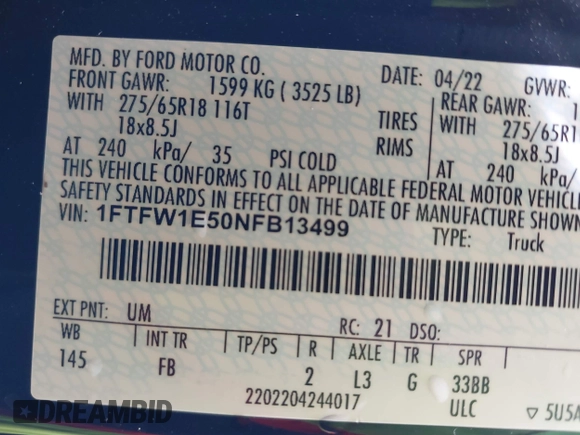 2022 Ford F-150 XL with VIN 1FTFW1E50NFB13499, listed as a IAAI auction lot 41444353 with 60,784 mi miles. Bid and sale history available at carsss.com. Image 9.