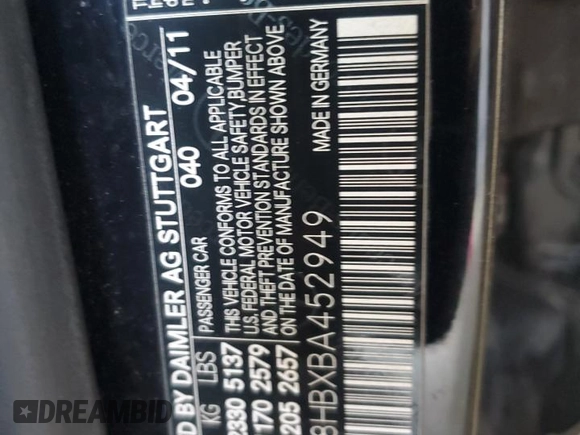 2011 Mercedes-Benz E 350 Luxury with VIN WDDHF8HBXBA452949, listed as a Copart auction lot 53083405 with 147,509 mi miles and Salvage title. Bid and sale history available at DreamBid. Image 12.