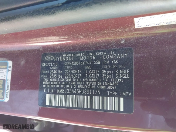 2017 Hyundai Tucson SE Plus with VIN KM8J33A45HU391175, listed as a IAAI auction lot 41803304 with 70,784 mi miles. Bid and sale history available at carsss.com. Image 9.