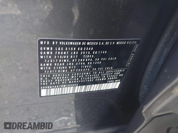 2024 Volkswagen Tiguan S with VIN 3VVRB7AX7RM103854, listed as a IAAI auction lot 40829997 with 3,683 mi miles and . Bid and sale history available at DreamBid. Image 9.