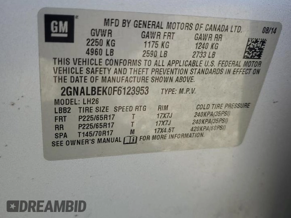 2015 Chevrolet Equinox LT with VIN 2GNALBEK0F6123953, listed as a Copart auction lot 50685925 with 157,453 mi miles and Salvage Title. Bid and sale history available at carsss.com. Image 12.