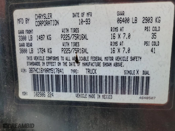 1994 Dodge Ram 1500 with VIN 3B7HC16Y0RM517841, listed as a Copart auction lot 80522144 with 192,223 mi miles and Salvage Title. Bid and sale history available at carsss.com. Image 14.