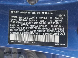 2019 Honda Civic EX-L z VIN SHHFK7H82KU224705, wystawiony jako IAAI lot #42052431 z przebiegiem 106 308 mil mil oraz . Historia ofert i sprzedaży dostępna na DreamBid. Obrazek 9.