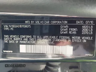 2011 Volvo S80 3.2L with VIN YV1952AS1B1138075, listed as a IAAI auction lot 41918597 with 192,441 mi miles. Bid and sale history available at carsss.com. Image 9.