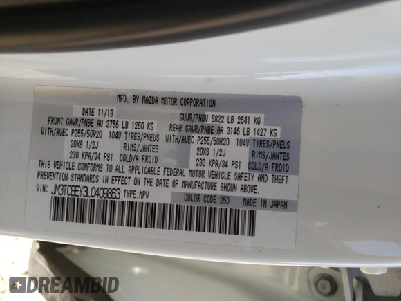 2020 Mazda CX-9 Signature with VIN JM3TCBEY3L0409863, listed as a Copart auction lot 80369044 with 60,934 mi miles and Salvage Title. Bid and sale history available at carsss.com. Image 13.