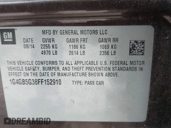 2015 Buick LaCrosse Leather with VIN 1G4GB5G38FF152910, listed as a IAAI auction lot 42625459 with 172,380 mi miles and . Bid and sale history available at DreamBid. Image 9.