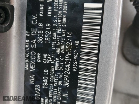 2023 Kia Rio S with VIN 3KPA24AD1PE552714, listed as a Copart auction lot 49243375 with 50,657 mi miles and Salvage Title. Bid and sale history available at carsss.com. Image 14.