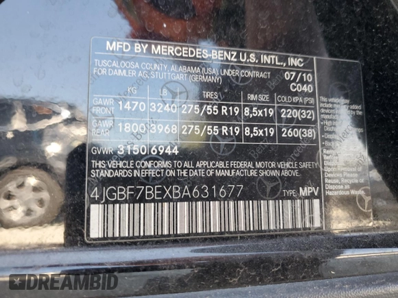 2011 Mercedes-Benz GL-Class GL 450 with VIN 4JGBF7BEXBA631677, listed as a Copart auction lot 75175874 with 191,457 mi miles and Clean Title. Bid and sale history available at carsss.com. Image 13.