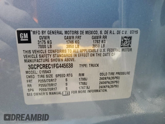 2015 Chevrolet Silverado 1500 LT with VIN 3GCPCREC1FG445638, listed as a Copart auction lot 55586395 with 106,317 mi miles and Salvage Title. Bid and sale history available at DreamBid. Image 12.