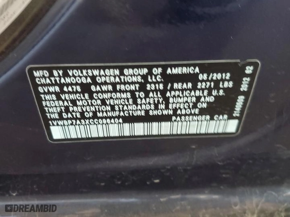 2012 Volkswagen Passat SE with VIN 1VWBP7A3XCC096404, listed as a Copart auction lot 48186745 with 147,108 mi miles and Salvage Title. Bid and sale history available at carsss.com. Image 14.