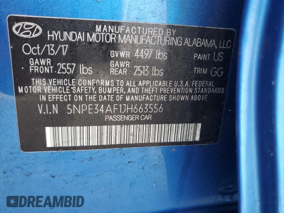 2018 Hyundai Sonata SEL with VIN 5NPE34AF1JH663556, listed as a Copart auction lot 45121305 with 57,941 mi miles and Salvage Title. Bid and sale history available at DreamBid. Image 14.