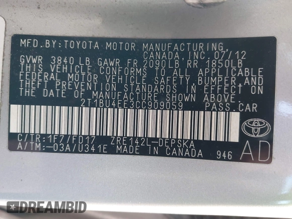 2012 Toyota Corolla L with VIN 2T1BU4EE3CC909059, listed as a IAAI auction lot 41681767 with Not Provided miles and . Bid and sale history available at carsss.com. Image 9.