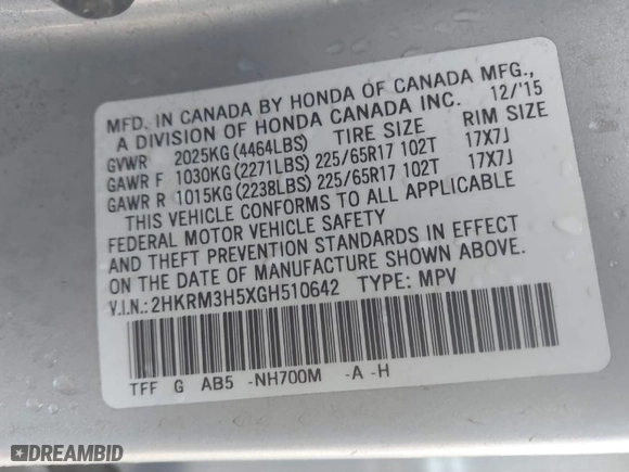 2016 Honda CR-V EX with VIN 2HKRM3H5XGH510642, listed as a IAAI auction lot 41809358 with 1 mi miles. Bid and sale history available at carsss.com. Image 9.