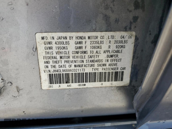 2006 Acura TSX z VIN JH4CL96886C021173, wystawiony jako Copart lot #53071135 z przebiegiem Nie podano mil oraz Szkoda całkowita • Salvage title. Historia ofert i sprzedaży dostępna na DreamBid. Obrazek 13.