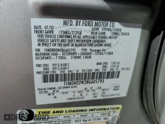 2008 Ford Taurus X SEL with VIN 1FMDK02W28GA05793, listed as a Copart auction lot 52317125 with 158,271 mi miles and Salvage title. Bid and sale history available at DreamBid. Image 13.