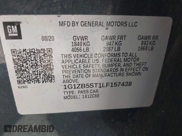 2020 Chevrolet Malibu LS with VIN 1G1ZB5ST1LF157438, listed as a IAAI auction lot 41965608 with 114,385 mi miles and . Bid and sale history available at DreamBid. Image 9.