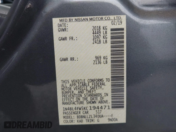 2019 Nissan Altima 2.5 Platinum with VIN 1N4BL4FW5KC194471, listed as a IAAI auction lot 41921471 with 28,313 mi miles. Bid and sale history available at carsss.com. Image 9.