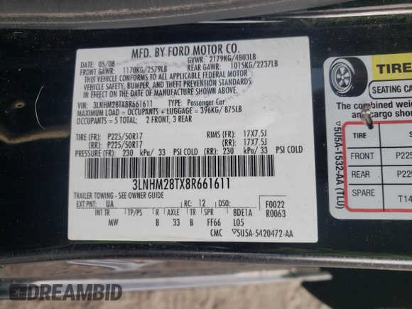 2008 Lincoln MKZ with VIN 3LNHM28TX8R661611, listed as a Copart auction lot 86812074 with 106,198 mi miles and Clean Title. Bid and sale history available at DreamBid. Image 12.
