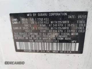 2017 Subaru Outback Touring with VIN 4S4BSETC8H3403963, listed as a IAAI auction lot 41649804 with 71,594 mi miles and . Bid and sale history available at DreamBid. Image 9.