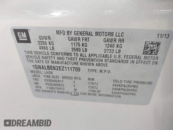 2014 Chevrolet Equinox LT with VIN 1GNALBEK2EZ111709, listed as a IAAI auction lot 41929750 with 183,082 mi miles. Bid and sale history available at carsss.com. Image 9.