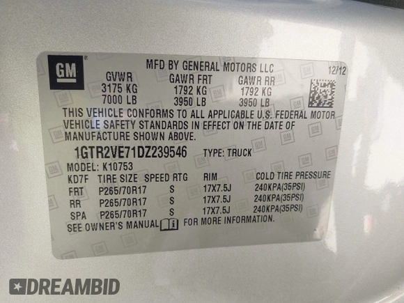 2013 GMC Sierra 1500 SLE with VIN 1GTR2VE71DZ239546, listed as a IAAI auction lot 42173278 with 142,263 mi miles and . Bid and sale history available at DreamBid. Image 9.