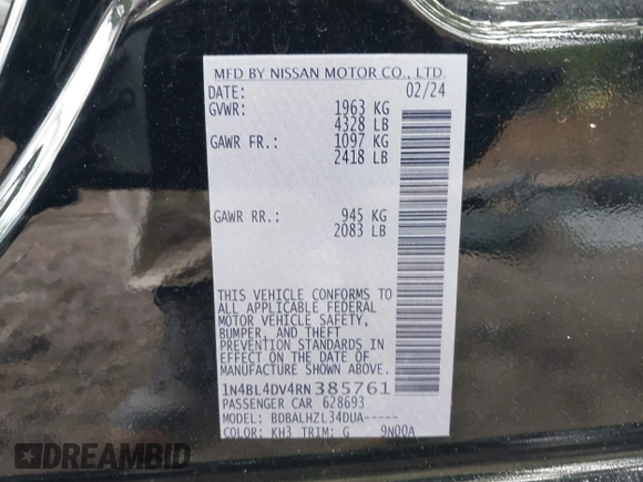 2024 Nissan Altima SV with VIN 1N4BL4DV4RN385761, listed as a IAAI auction lot 42453967 with 23,316 mi miles and . Bid and sale history available at DreamBid. Image 9.