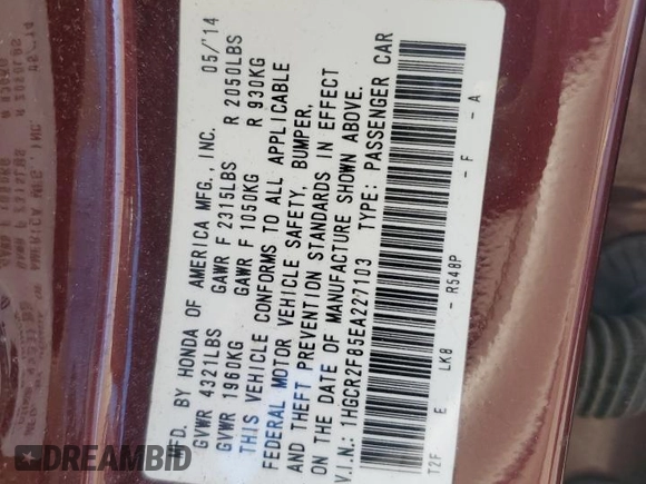 2014 Honda Accord Sedan EX-L with VIN 1HGCR2F85EA227103, listed as a Copart auction lot 46752845 with 68,754 mi miles and Salvage Title. Bid and sale history available at carsss.com. Image 14.
