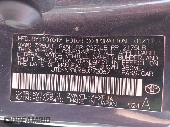 2011 Toyota Prius I with VIN JTDKN3DU4B0272062, listed as a IAAI auction lot 42082145 with 178,605 mi miles and . Bid and sale history available at DreamBid. Image 9.
