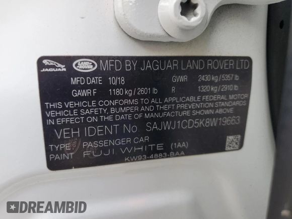 2019 Jaguar XJ with VIN SAJWJ1CD5K8W19663, listed as a Copart auction lot 51071665 with 28,468 mi miles and Salvage Title. Bid and sale history available at carsss.com. Image 15.